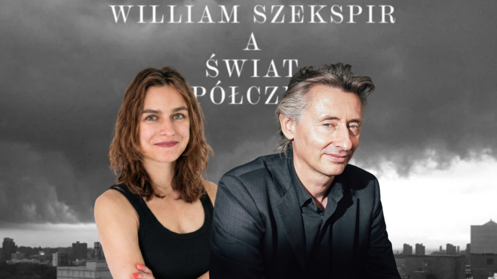 Two adults pose in front of a stormy city backdrop; a woman in a black top and a man in a dark suit sit side by side beneath large Polish title text. The scene suggests a theatrical or promotional poster.