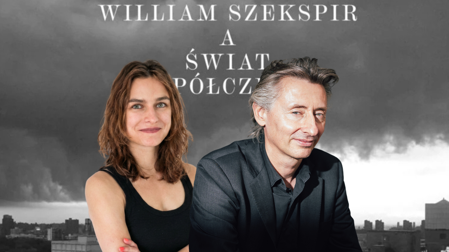 Two adults pose in front of a stormy city backdrop; a woman in a black top and a man in a dark suit sit side by side beneath large Polish title text. The scene suggests a theatrical or promotional poster.