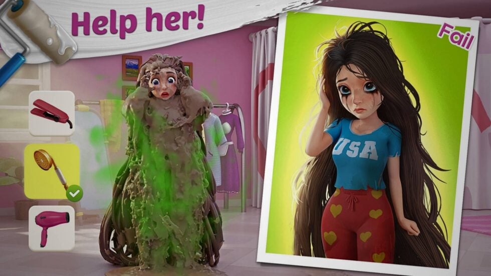Animated scene: a girl in a green slime suit confronts a large poster of a sad, long-haired girl in a blue USA shirt, in a pastel room.