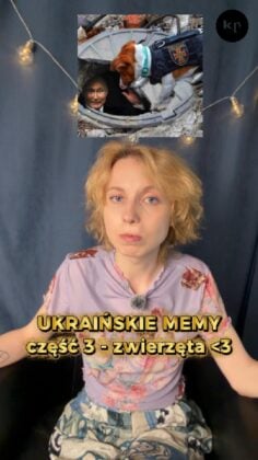 Portrait of a young woman with blond hair wearing a floral shirt, seated against a blue curtain, with a small inset image of a dog and a person in a hole above her head; Polish meme caption about Ukrainian memes and animals.