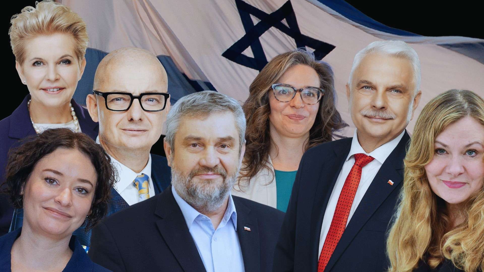 Seven professionally dressed adults posing for a group photo with a large flag featuring a blue Star of David motif in the background.