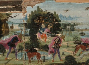 Faded wall mural showing people in bright clothes riding deer across a green landscape with trees and distant ruins on the horizon.
