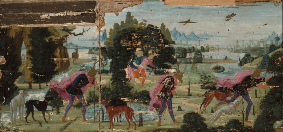Faded wall mural showing people in bright clothes riding deer across a green landscape with trees and distant ruins on the horizon.