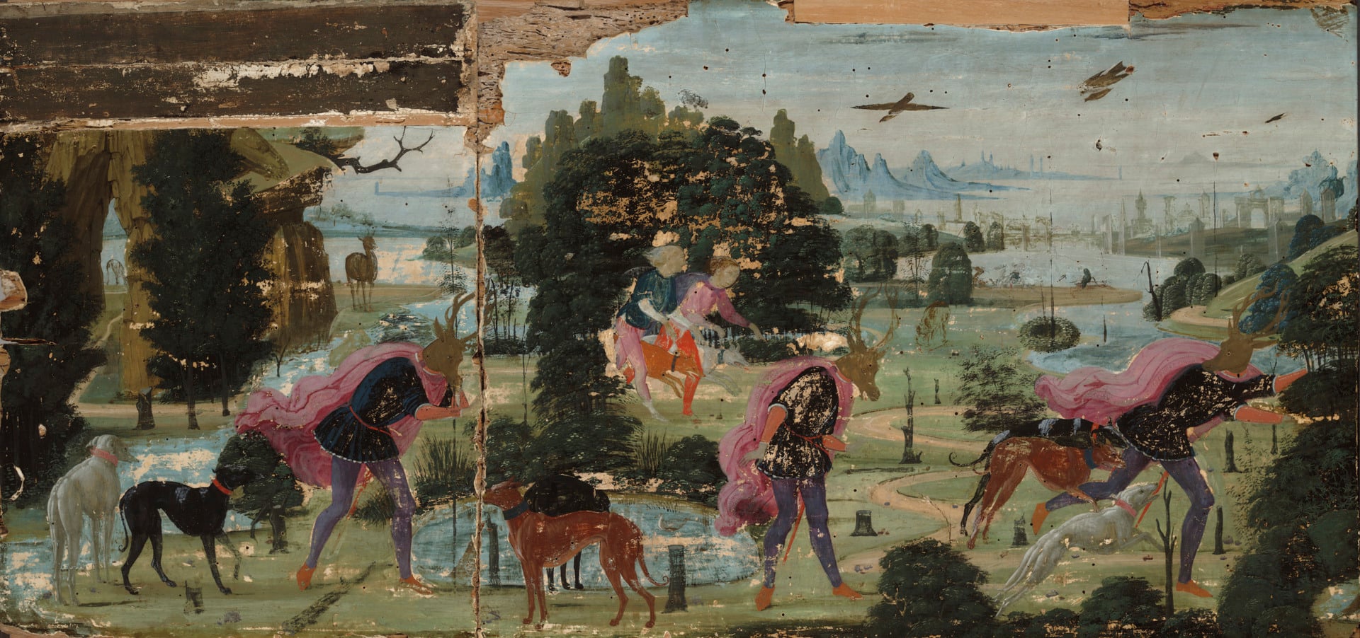 Faded wall mural showing people in bright clothes riding deer across a green landscape with trees and distant ruins on the horizon.
