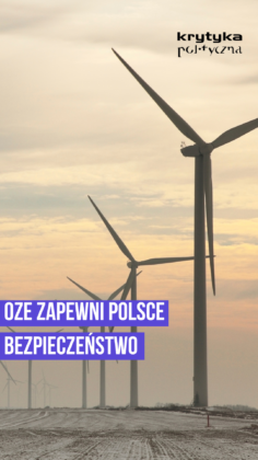 Wind turbines in a snowy field at sunset with a bold purple Polish slogan reading 'OZE zapewni Polsce bezpieczeństwo' across the bottom.