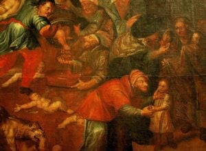 Old master painting showing a crowd around a central figure in a red coat, with a drum-like object and a dog in the foreground.