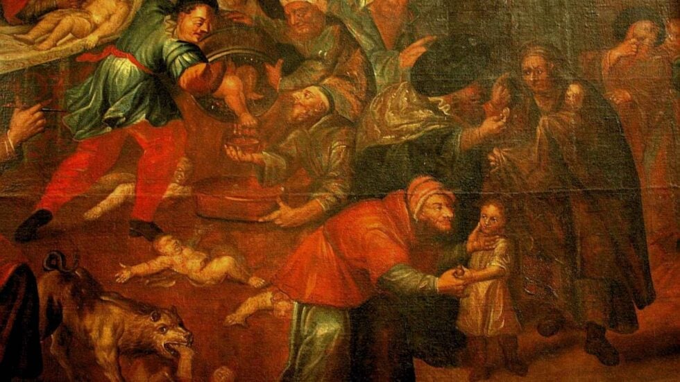 Old master painting showing a crowd around a central figure in a red coat, with a drum-like object and a dog in the foreground.