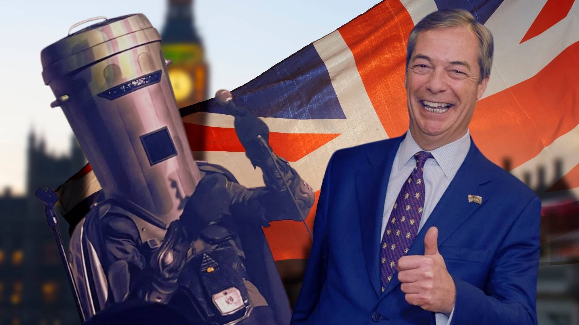 Po lewej stronie Count Binface (człowiek przebrany za śmietnik) po prawej Nigel Farage z kciukiem uniesionyn do góry, w tle Big Ben i flaga Wielkiej Brytanii