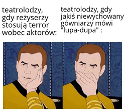Two-panel meme: man in a yellow shirt covers his mouth; Polish captions joke about theater critics when directors terrorize actors.