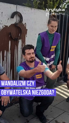 Two people in purple vests give thumbs up near a graffiti wall; article title 'Wandalizm czy obywatelska niezgoda?' overlaid