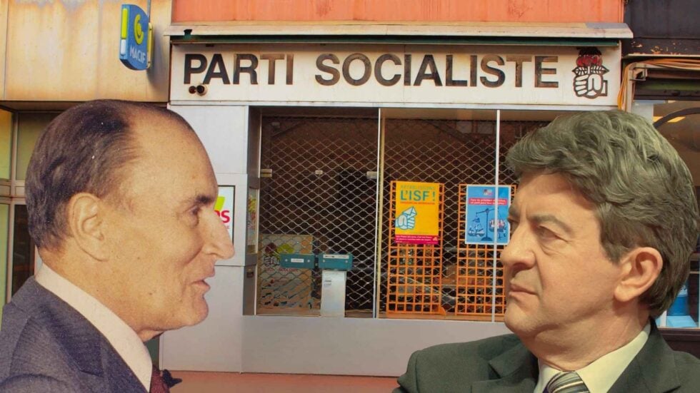 Two men in business suits face each other outside a storefront with a 'Parti Socialiste' sign above the door