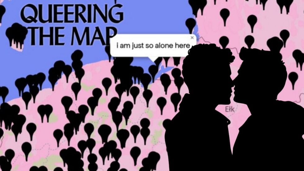 Two silhouetted people kissing in front of a colorful map background with the phrase 'QUEERING THE MAP' and a speech bubble that reads 'i am just so alone here'