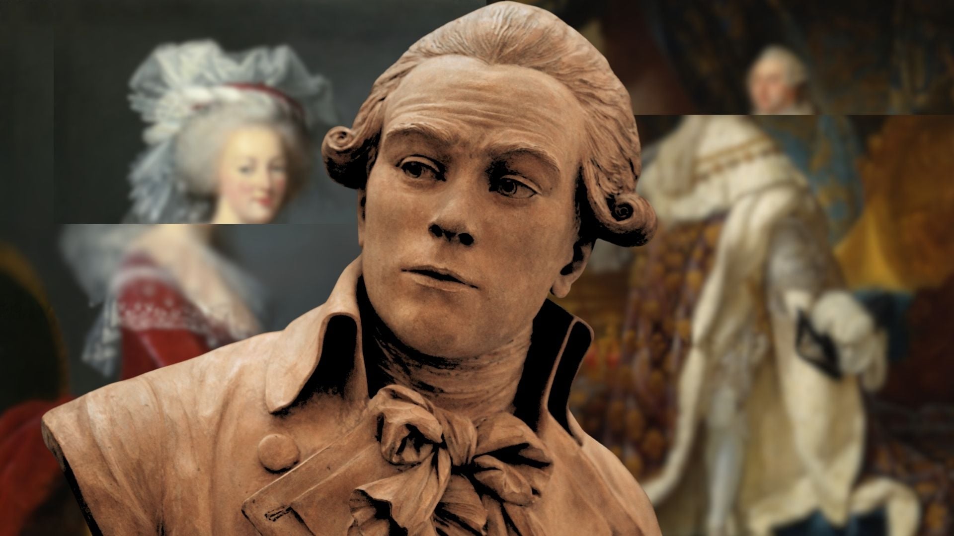Na środku kamienne popiersie Maksymiliana Robespierre, za nim rozmazane portrety Marii Antoniny i Ludwika XVI z przesuniętymi głowami