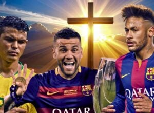 Thiago Silva, Dani Alves i Neymar w strojach reprezentacji Brazylii, w tle krzyż