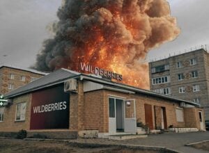 Magazyn firmy Wildberries, z tyłu widać ogromny dym po wybuchu (fotomontaż)