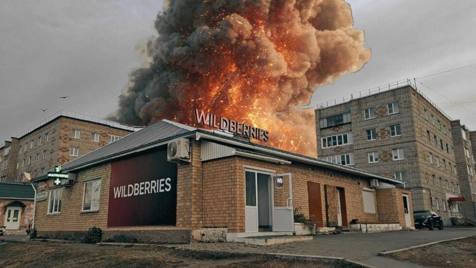 Magazyn firmy Wildberries, z tyłu widać ogromny dym po wybuchu (fotomontaż)