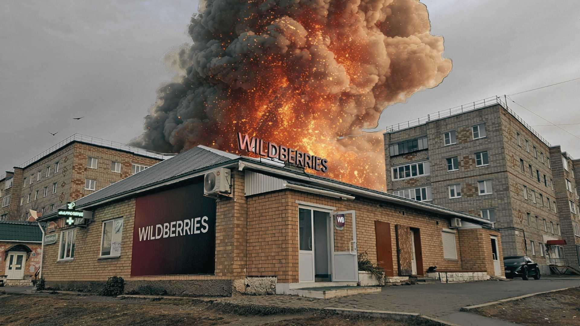 Magazyn firmy Wildberries, z tyłu widać ogromny dym po wybuchu (fotomontaż)