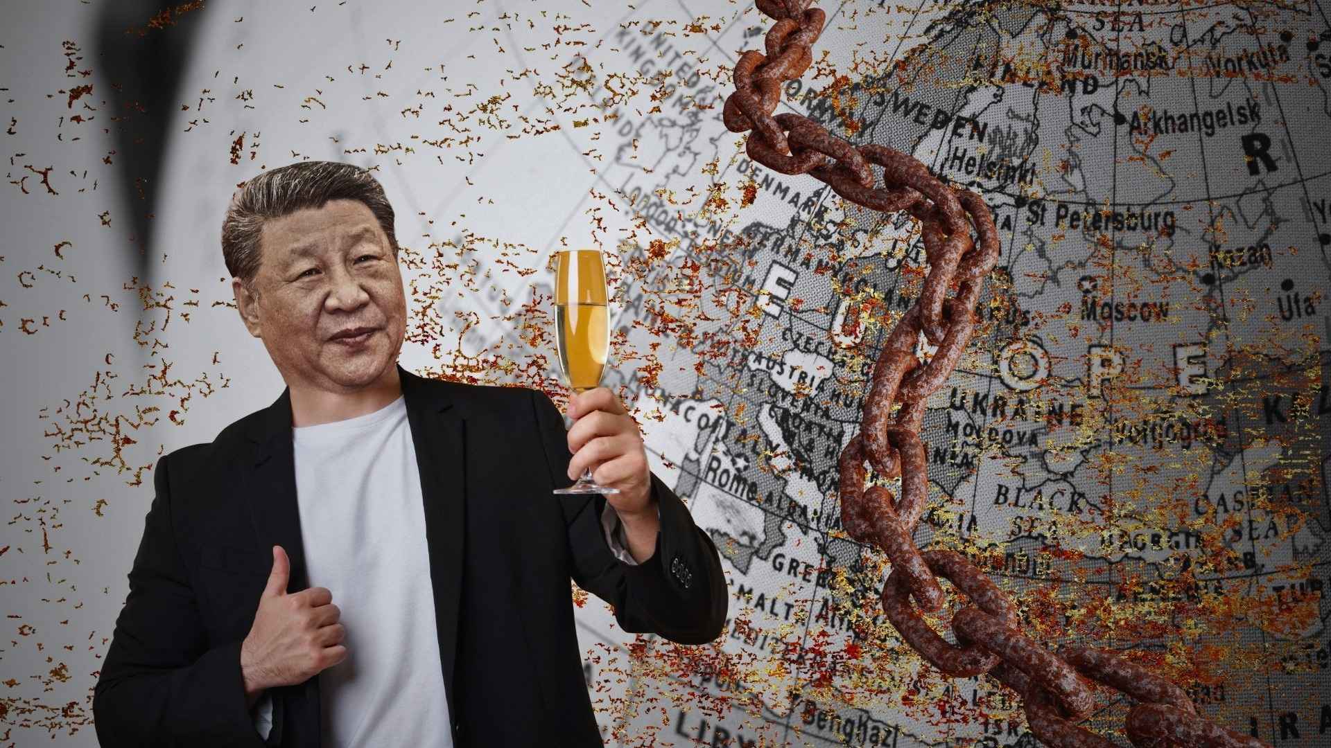 W tle biało-czarna mapa Europy, na nią nałożona rdza i zardzewiały łańcuch, po lewej uśmiechnięty Xi Jinping z kieliszkiem szampana (fotomontaż)