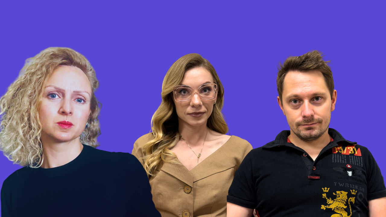 Group portrait of three adults standing against a solid purple background: a curly-haired woman on the left, a woman with glasses in the center, and a man on the right.