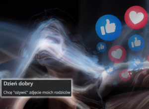 Abstract digital artwork of a blurred figure with flowing light trails, surrounded by floating blue and red like/heart icons, implying reviving a photo of one's parents.