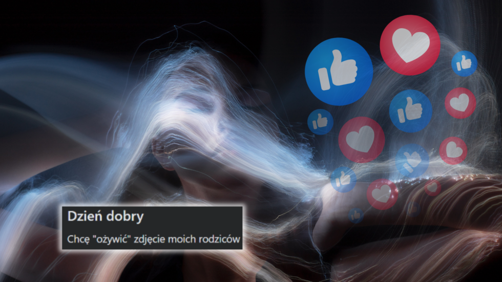 Abstract digital artwork of a blurred figure with flowing light trails, surrounded by floating blue and red like/heart icons, implying reviving a photo of one's parents.