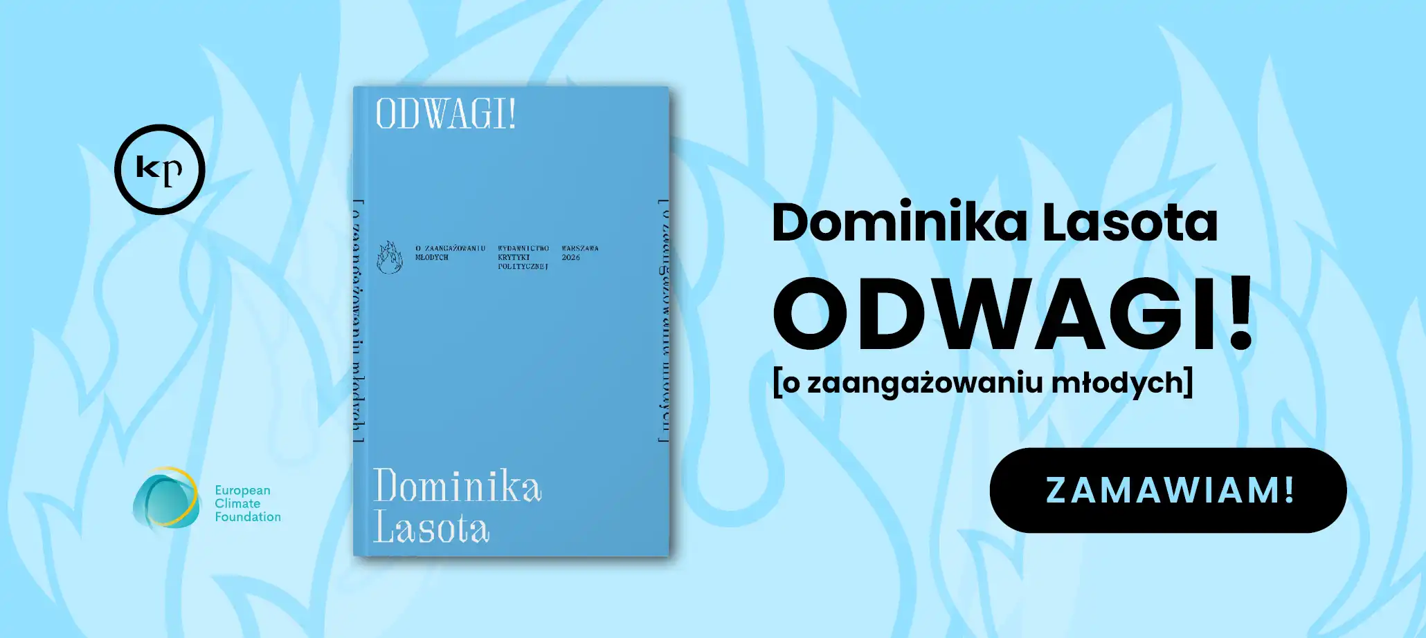 Promotional banner for the book ODWAGI! by Dominika Lasota, blue cover, with a bold title and a 'ZAMAWIAM!' button on the right side.