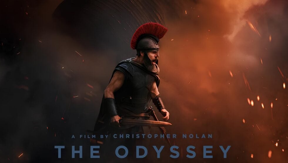 Promotional poster featuring a armored warrior with a red crest helmet shouting amid orange smoke and embers, linking to a Christopher Nolan film The Odyssey.