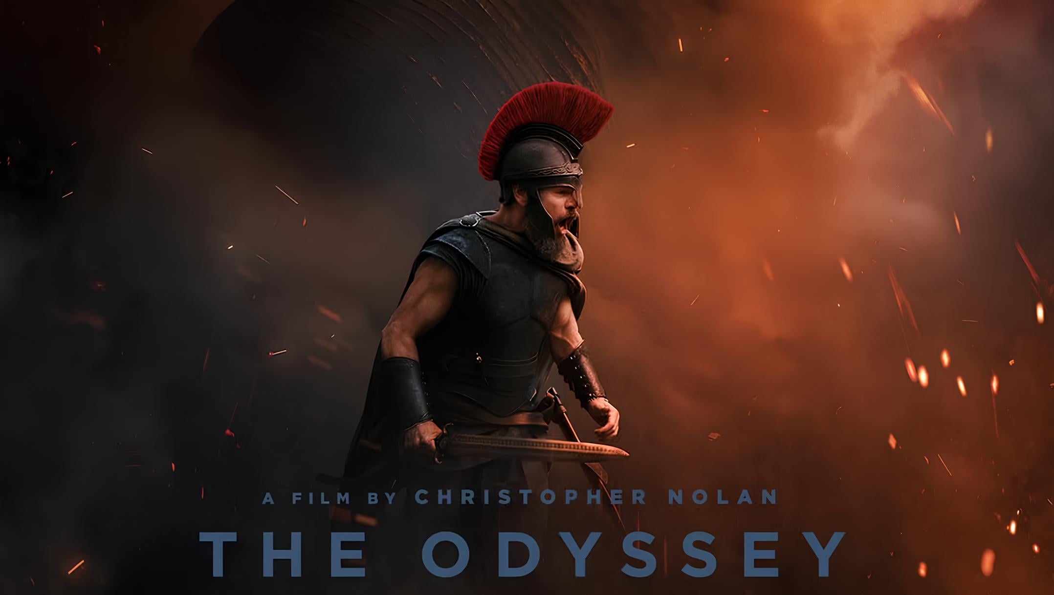 Promotional poster featuring a armored warrior with a red crest helmet shouting amid orange smoke and embers, linking to a Christopher Nolan film The Odyssey.