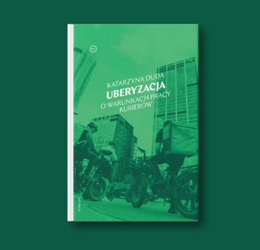 Green-toned book cover showing a cityscape with tall buildings and cyclists in the foreground.