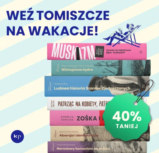 Bold blue Polish headline 'WEŹ TOMISZCZE NA WAKACJE!' over pastel striped background with stacked colorful book spines and a blue 'kp' logo. (Informational/campaign image)