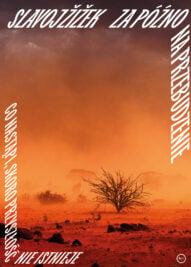 Orange sunset landscape with a leafless tree and scattered rocks, framed by large white diagonal text along the left and right edges and a small logo bottom-right.