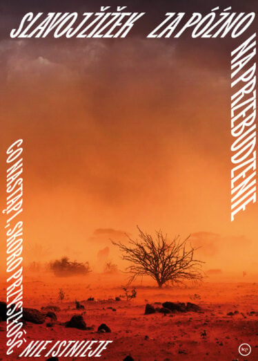 Orange sunset landscape with a leafless tree and scattered rocks, framed by large white diagonal text along the left and right edges and a small logo bottom-right.