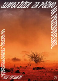 Stylized poster/album cover showing an orange sunset landscape with a leafless tree and rocks, bordered by bold white diagonal text along the edges.