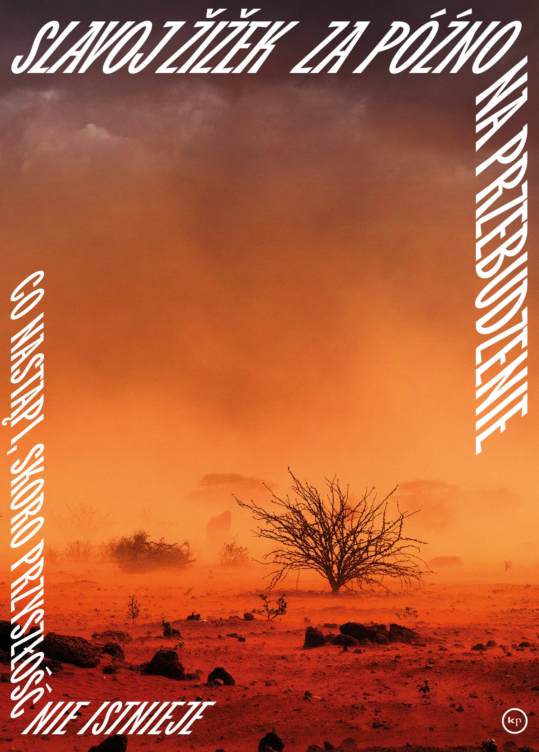 Stylized poster/album cover showing an orange sunset landscape with a leafless tree and rocks, bordered by bold white diagonal text along the edges.