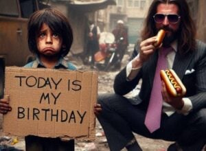 Wygenerowana przez AI grafika, przodem stoi smutne dziecko z kartką "today is my birthday", obok mężczyzna w garniturze zajada hot dogi