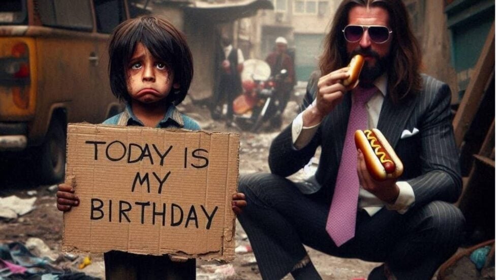Wygenerowana przez AI grafika, przodem stoi smutne dziecko z kartką "today is my birthday", obok mężczyzna w garniturze zajada hot dogi