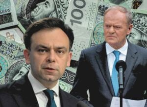 Two men in suits at a press conference, with a background collage of banknotes and a microphone nearby.