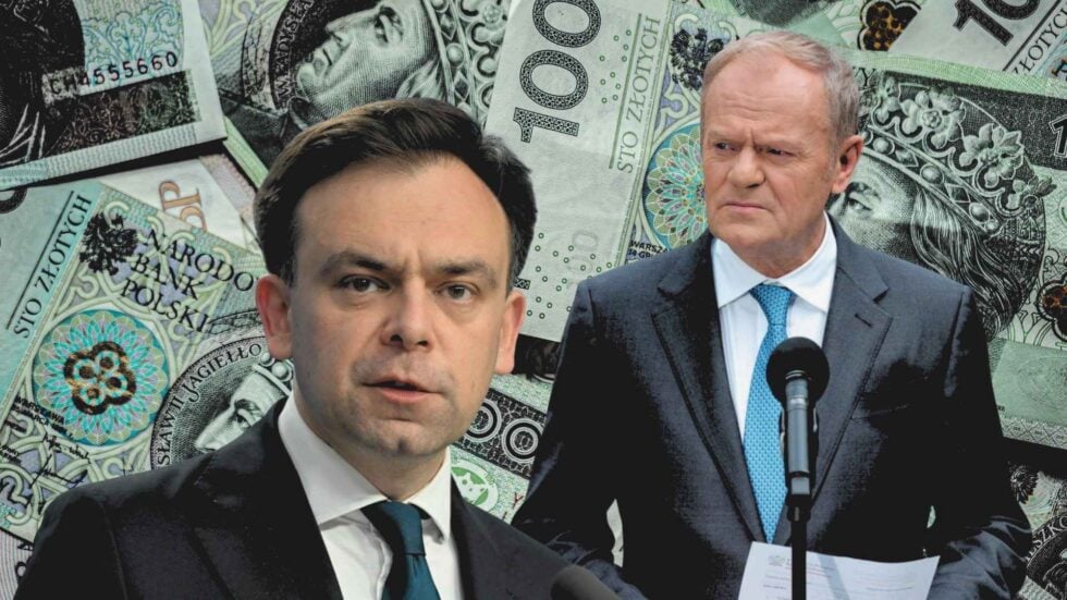 Two men in suits at a press conference, with a background collage of banknotes and a microphone nearby.