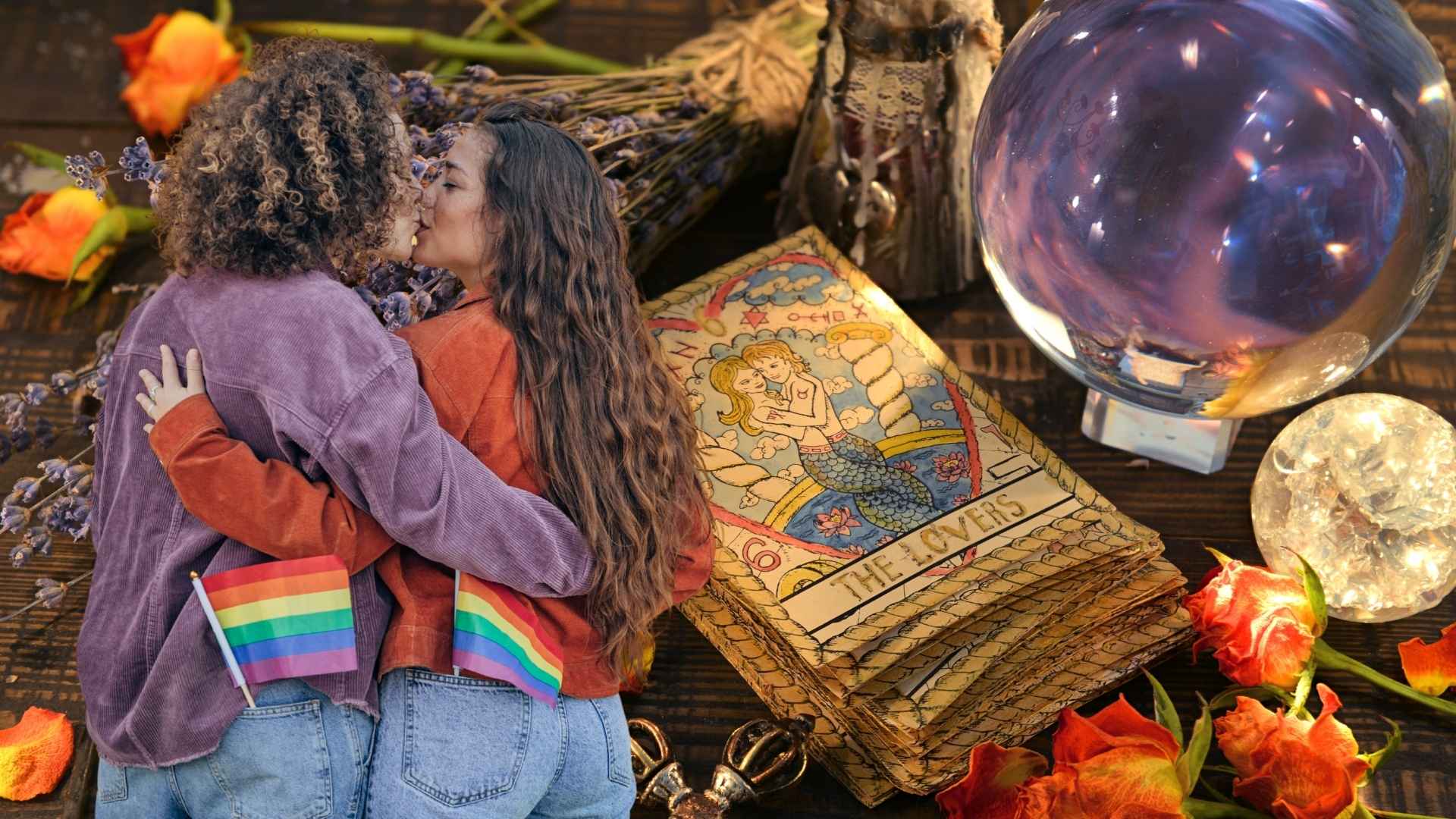 Dwie młode całujące się kobiety widziane od tyłu/z półprofilu, obok karty tarota, i magiczna kula