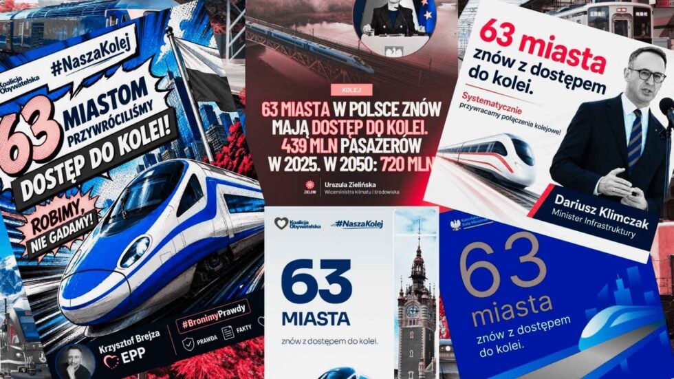 Collage of Polish campaign posters promoting rail access and train travel, with trains and bold text blocks.