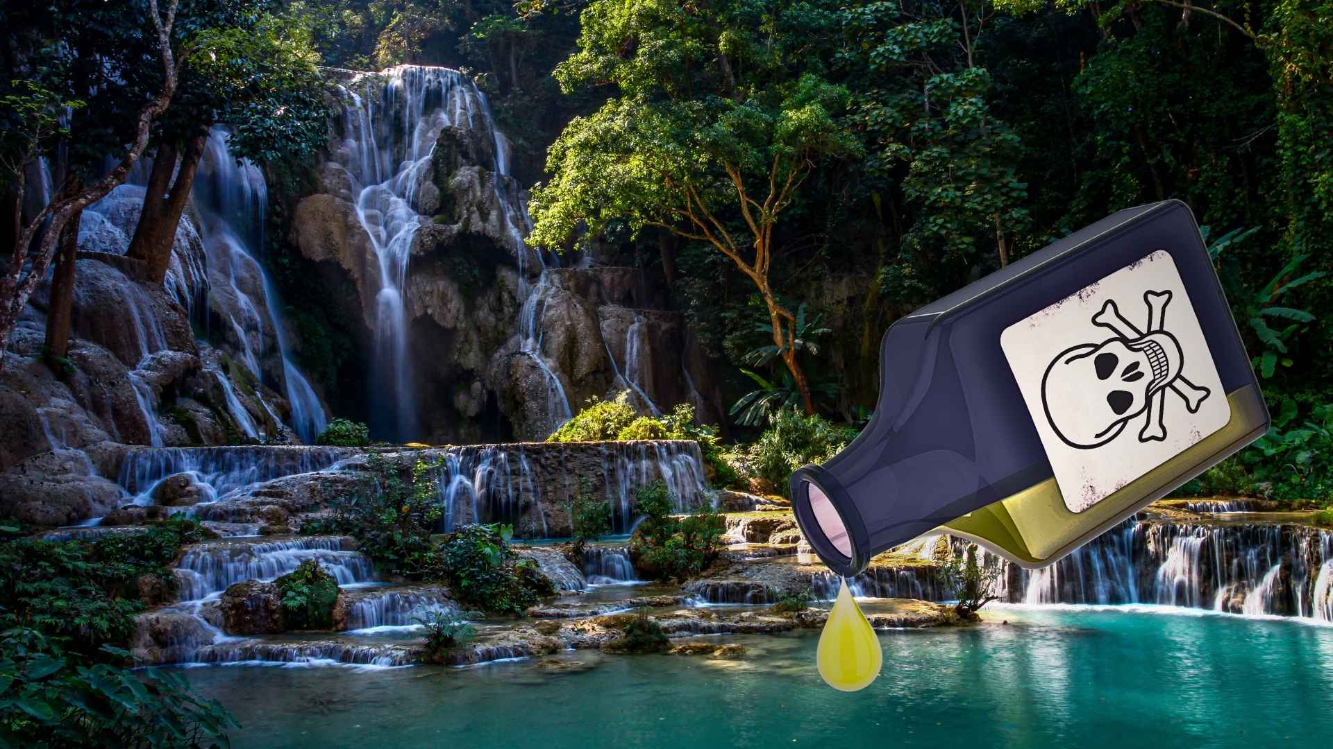 Tall forest waterfall with a large tilted device displaying a skull-and-bones warning, leaking a yellow drop into a clear pool