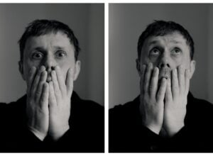 Close-up of a man with wide eyes, hands covering his mouth, looking straight ahead in the left panel.