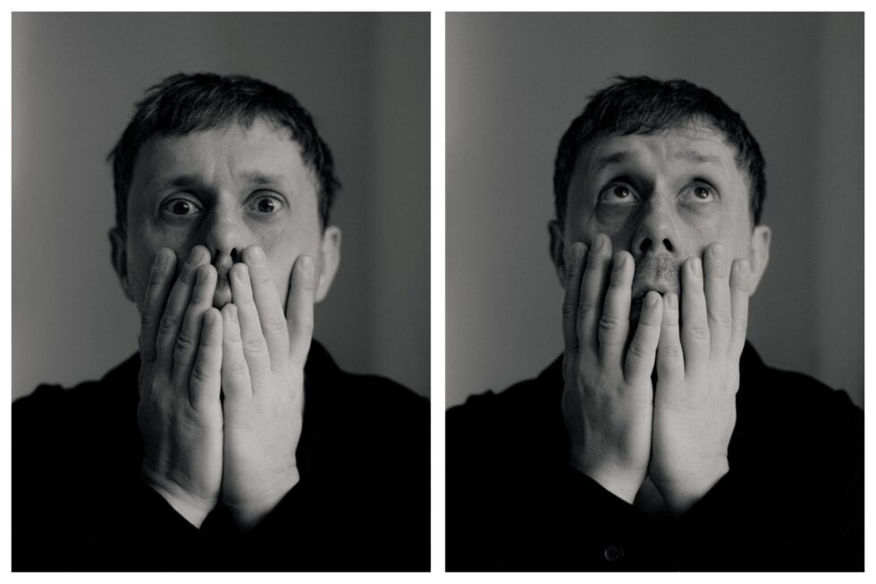 Close-up of a man with wide eyes, hands covering his mouth, looking straight ahead in the left panel.