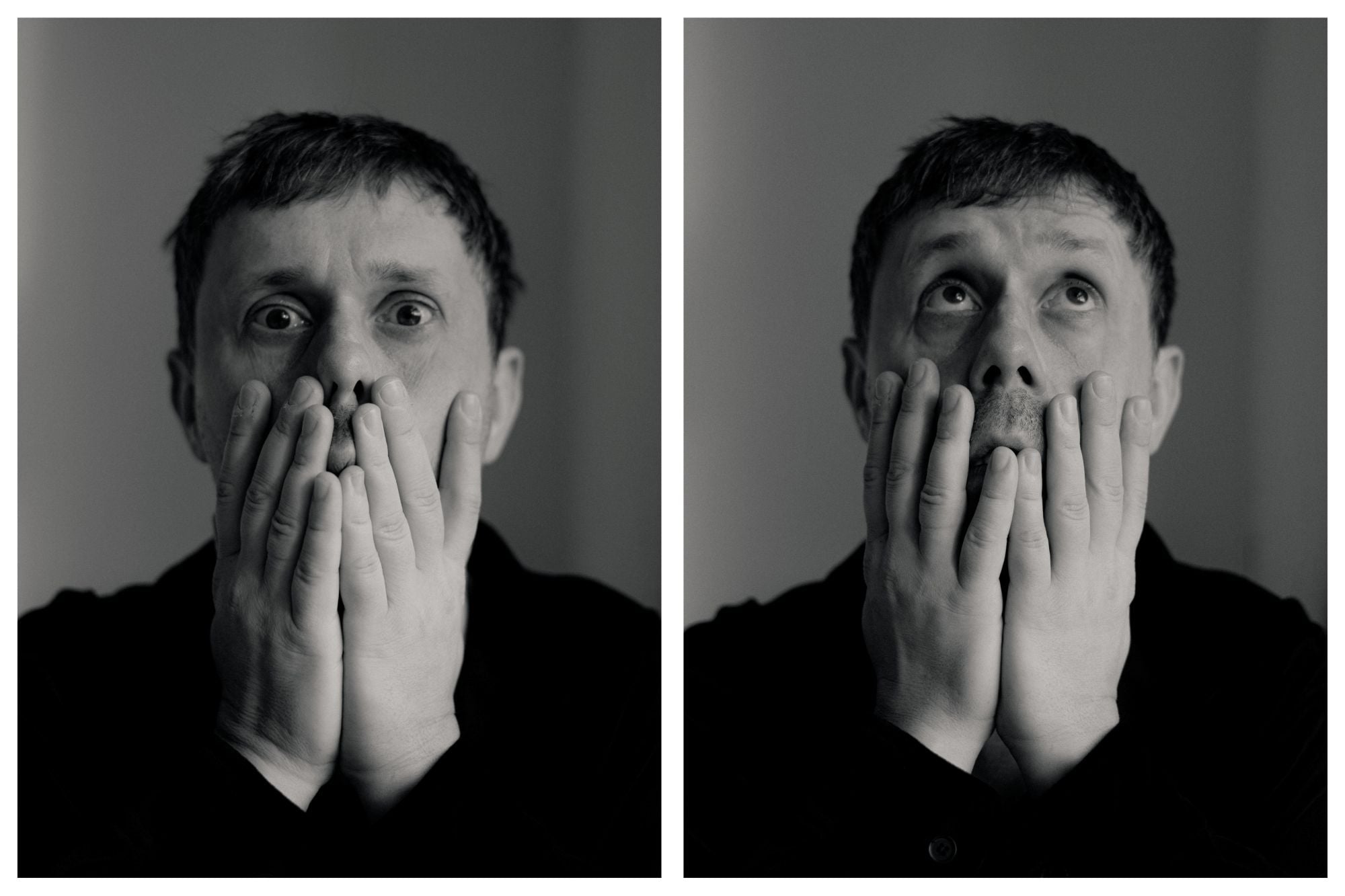 Close-up of a man with wide eyes, hands covering his mouth, looking straight ahead in the left panel.
