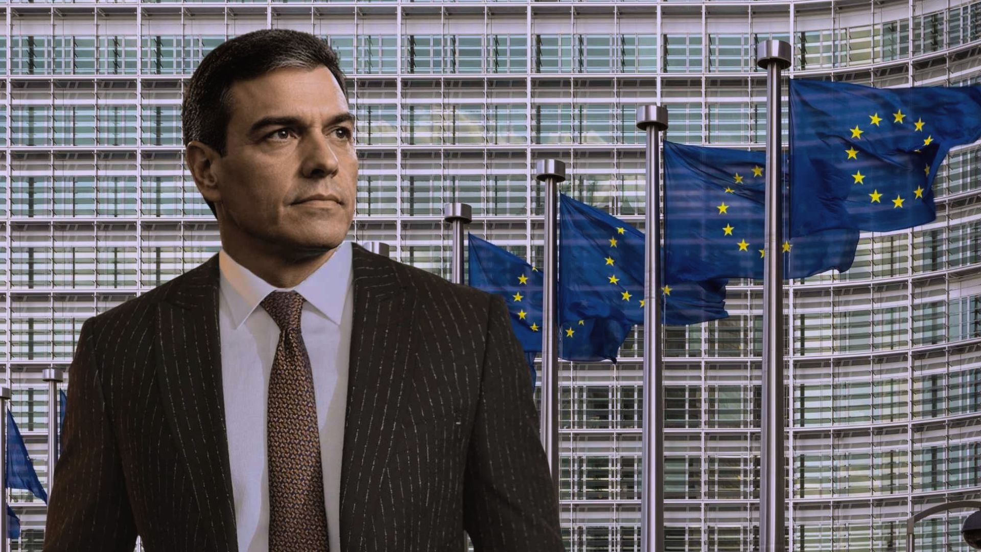 Pedro Sanchez na tle budynku i flag UE