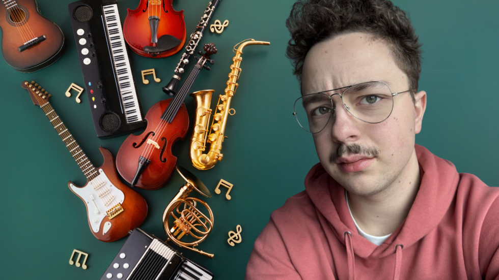 Portrait of a young man with glasses and a pink hoodie beside a scattered collection of musical instruments (guitar, violin, saxophone, keyboard, accordion) on a green background.