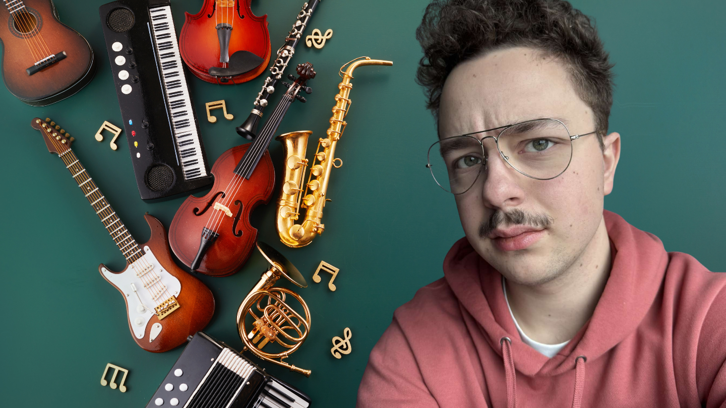 Portrait of a young man with glasses and a pink hoodie beside a scattered collection of musical instruments (guitar, violin, saxophone, keyboard, accordion) on a green background.