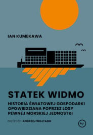 Book cover with a black ship silhouette on blue water, an orange sun, and bold Polish title Statek Widmo.
