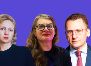 Three professionals posing together against a purple backdrop: left a curly blonde woman, center a woman with green glasses, right a man in a suit and tie.