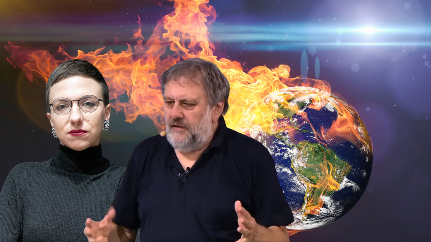 Two presenters sit against a dramatic backdrop of a burning Earth, signaling a discussion about climate disaster or environmental crisis.